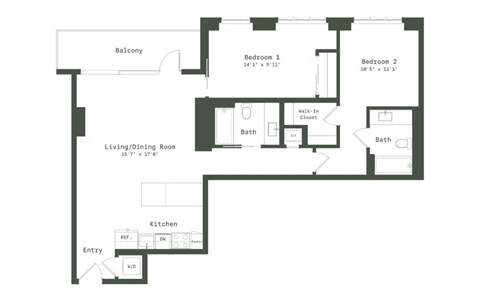 Floor plan for 2 beds, 2 baths, 1106 sqft